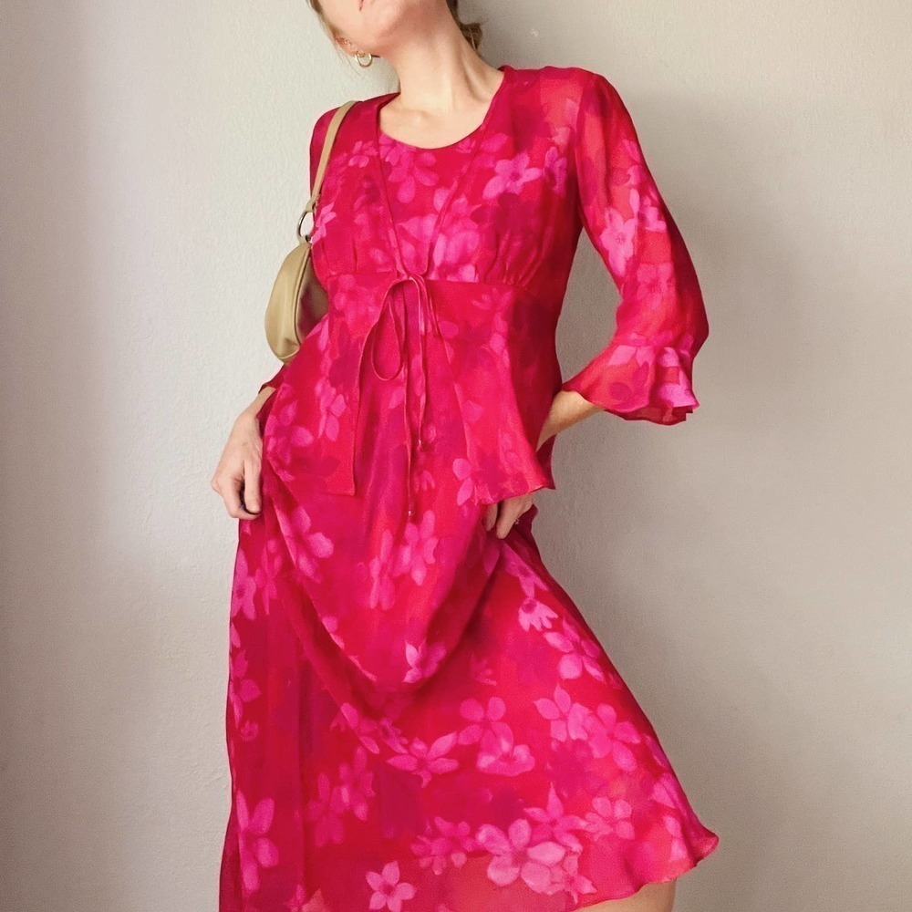 Vintage 90s Hot Pink Hawaiian Flower Midi Dress w/ Flare Sleeve Cardi